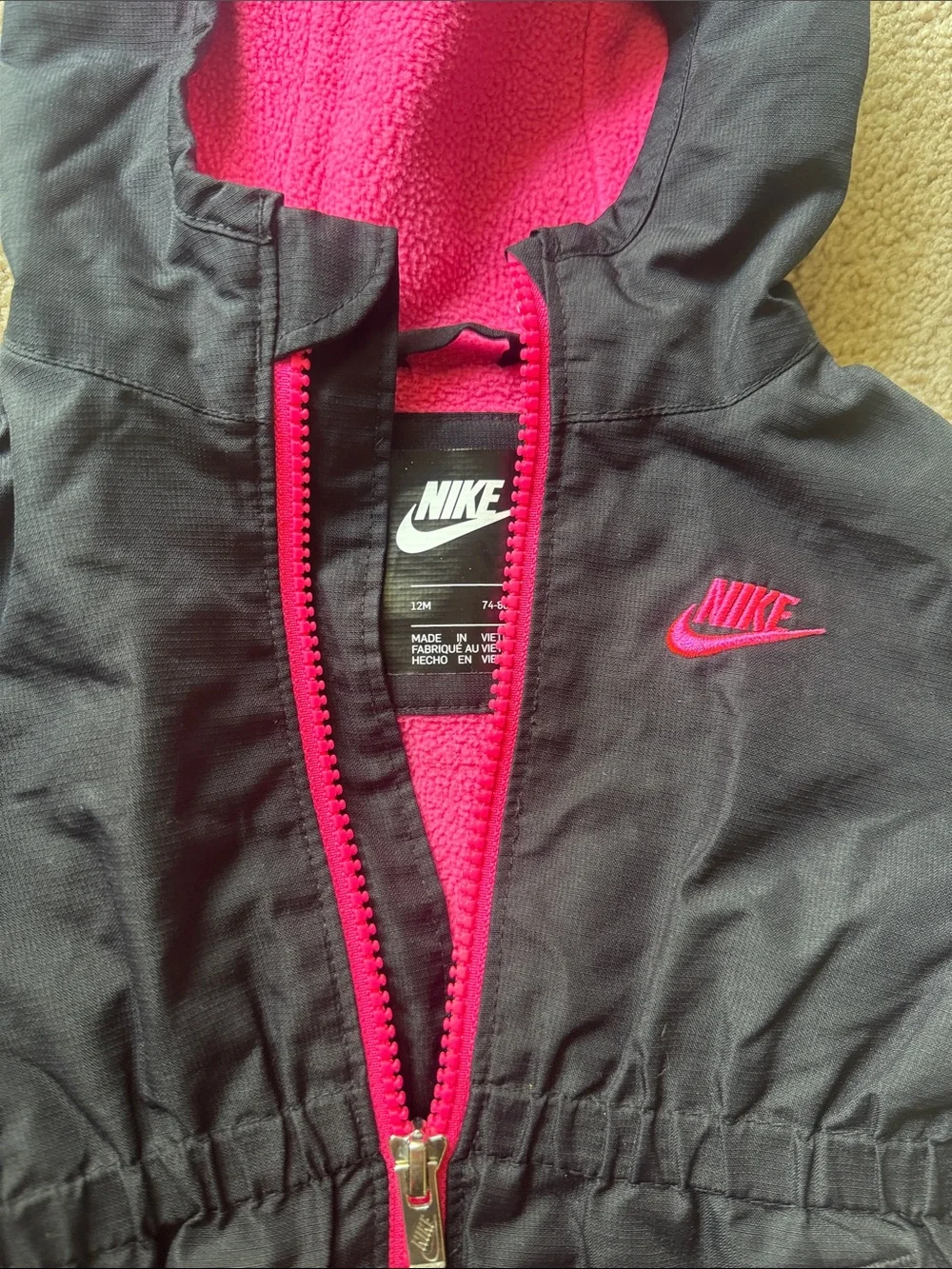Nike Baby Girls 12M Black Hot Pink Fleece Lined Hooded Jacket Coat